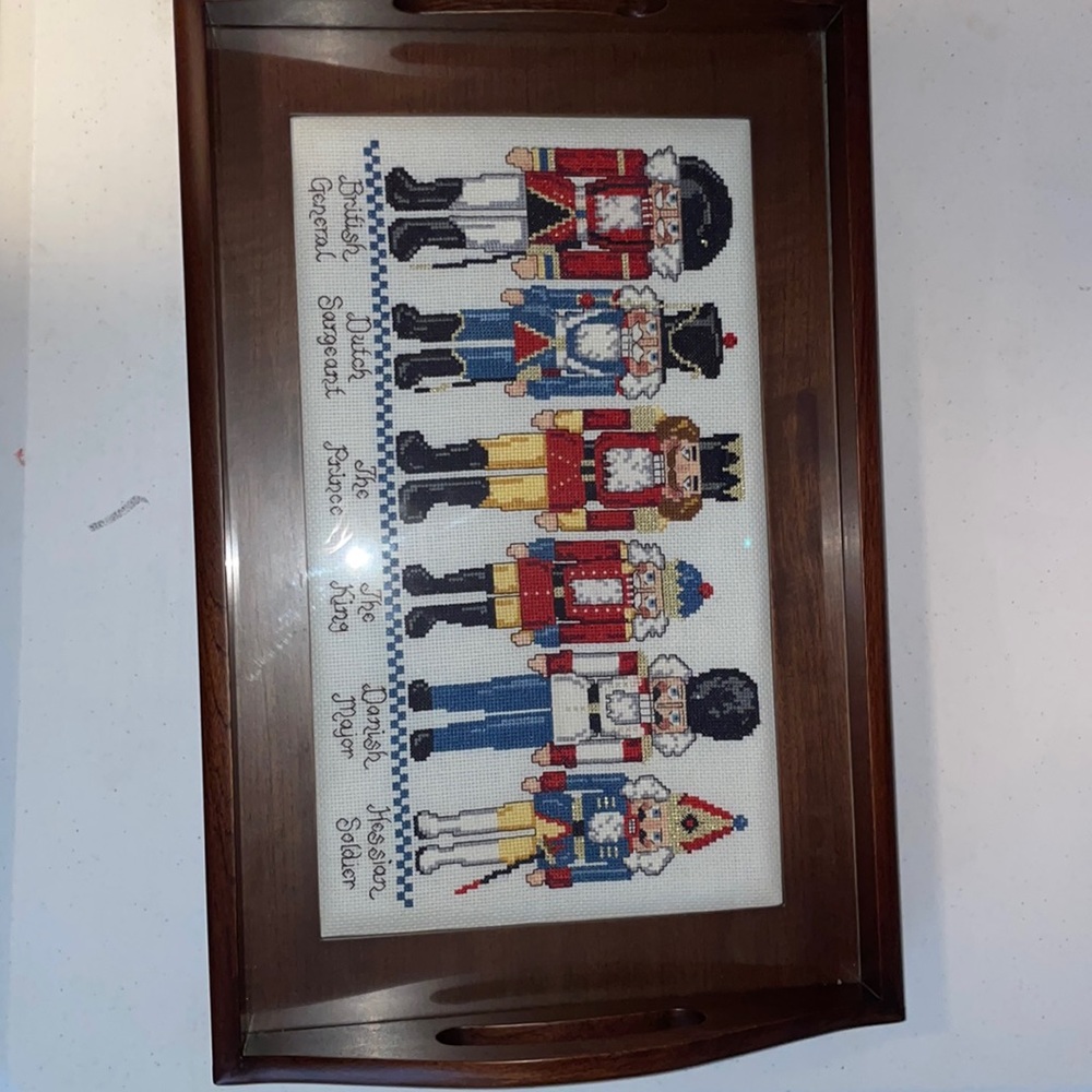 Serving Tray Stained Wood with Embroidered Nutcracker Characters with Glass Top